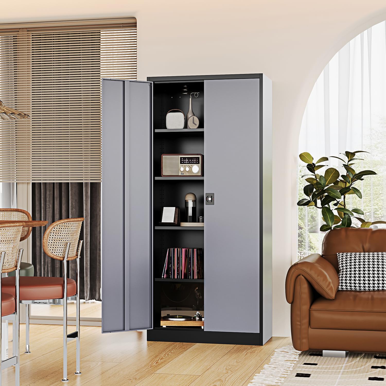 Fesbos Metal Storage Cabinet-72' Tall Steel File Cabinets with Lockable Doors and Adjustable Shelves-Black&Gray Steel Storage Cabinet for Kitchen, Office, Garage