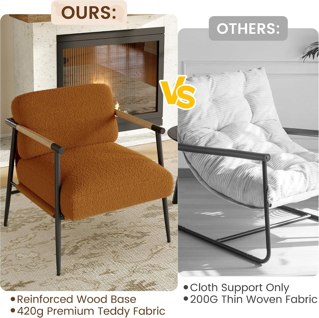 GarveeHome Brown Comfy Chair Set of 2, Modern Accent Chair with Metal Frame Wooden Armrest, Cozy Reading Chair with Soft Cushion for Bedroom, Living Room, Brown Set of 2