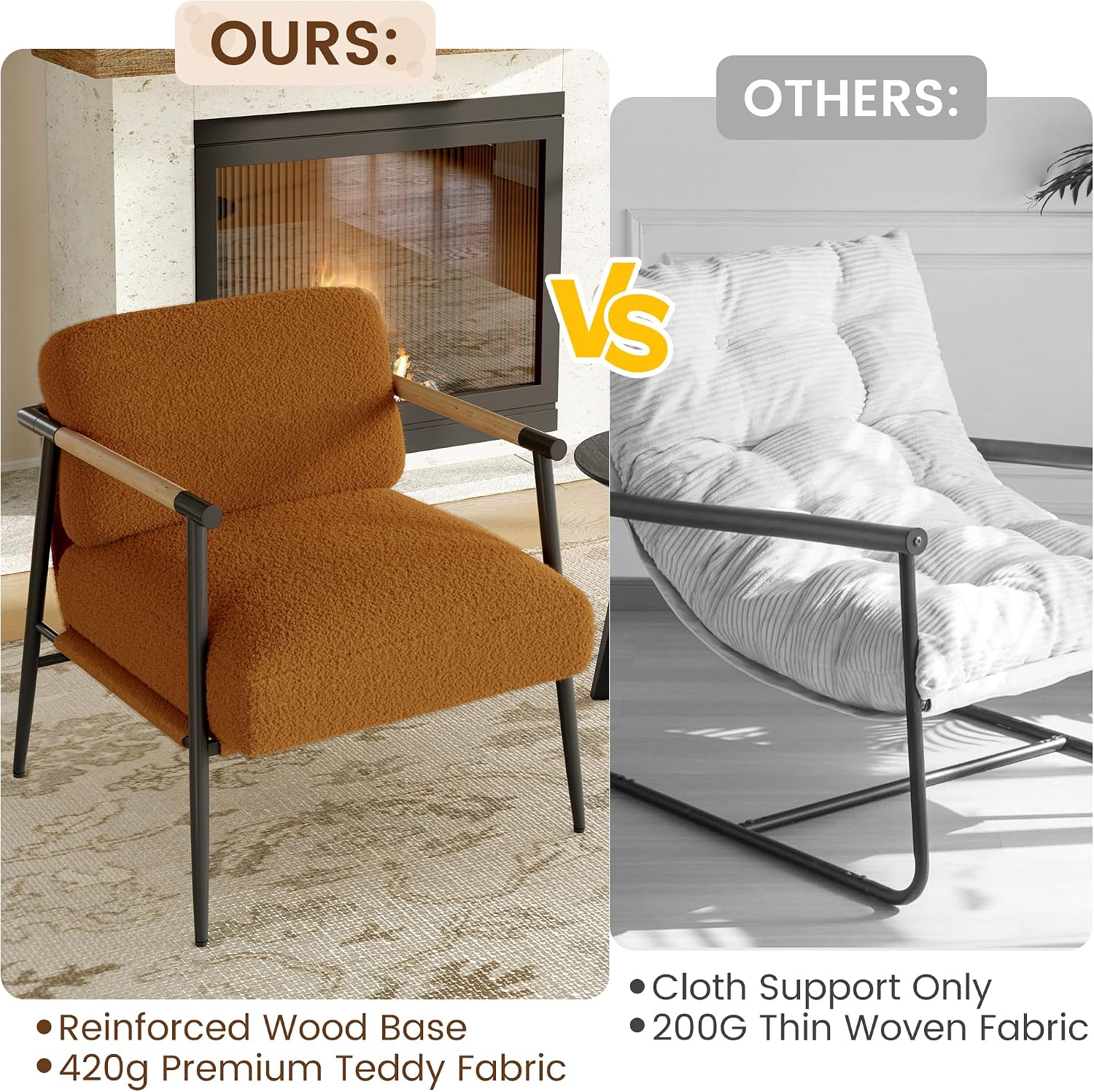 GarveeHome Brown Comfy Chair Set of 2, Modern Accent Chair with Metal Frame Wooden Armrest, Cozy Reading Chair with Soft Cushion for Bedroom, Living Room, Brown Set of 2