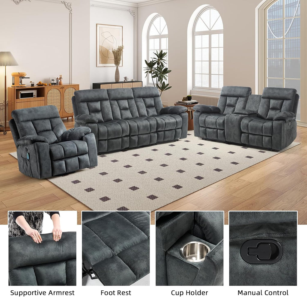 EBELLO Reclining Living Room Set, Soft Fabric Manual Recliner Sofa Furniture Set, Includes 2 Power Lift Recliner Chairs with Massage and Heat and 3 Seat Sofa, Dark Greenish-Grey