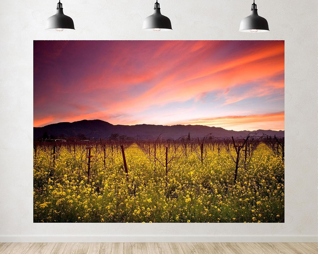 Trykid 20x10ft Vineyard Sunset Photography Backdrop Yellow Wildflowers Grapevines Orange Pink Sky Mountains for Outdoor Camping Wedding Party Decoration Tapestry Photo Studio Prop Fabric