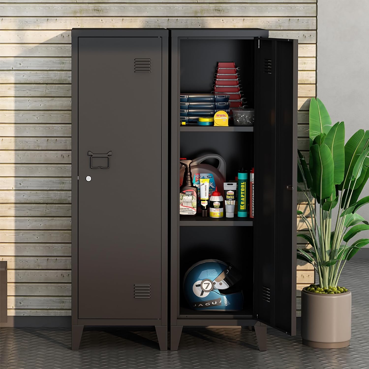 Locker Cabinet, 50' Black Small Metal Locker Storage Cabinet for Employees with Locking Door and 2 Shelves Kids Locker Tool File Cabinets for Bedroom, Home Office, Garage, Bathroom