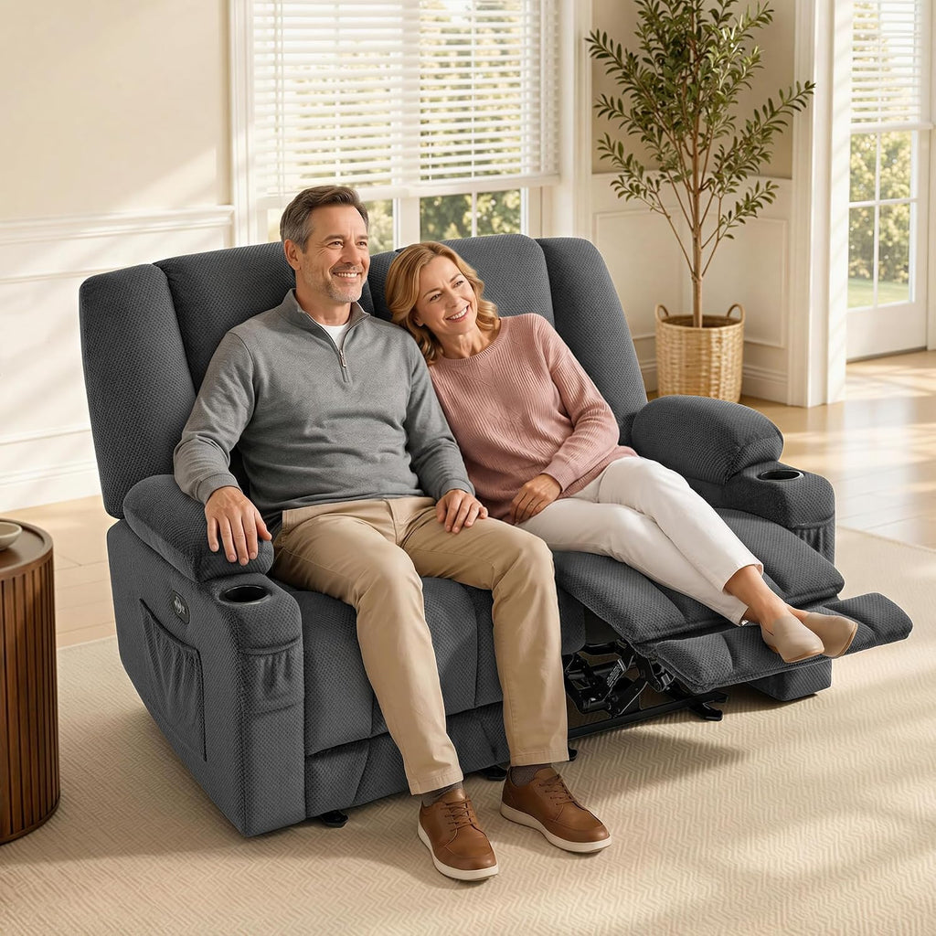 MCombo Zero Gravity Loveseat Power Reclining Sofa with Console, Heat and Vibration Massage, Recliner Couch for Living Room, Fabric 6035SET (Grey, Loveseat)