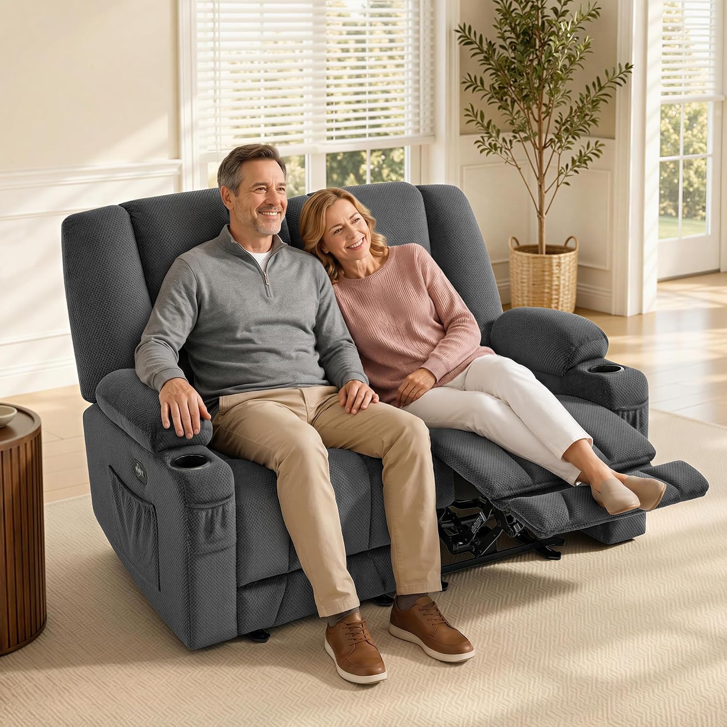 MCombo Zero Gravity Loveseat Power Reclining Sofa with Console, Heat and Vibration Massage, Recliner Couch for Living Room, Fabric 6035SET (Grey, Loveseat)