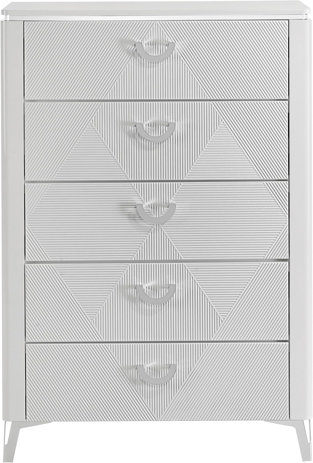 Coaster Home Furnishings - Cassia - Wood - 5-Drawer Chest with Black Felt-Lined Top, V-Patterns Front, U-Shaped Pulls, Tapered Legs and Contemporary Style - Bedroom - White High Gloss - 215795