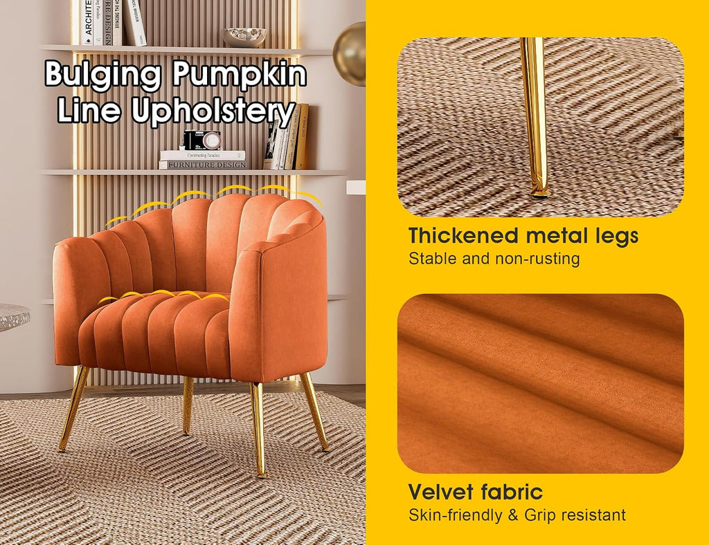 Dewhut Oversized Pumpkin Couch Accent Chair, Modern Comfy Velvet Upholstered Barrel Chairs, Luxury Single Sofa Armchair for Living Room, Waiting Room, Office and Vanity, (Orange)