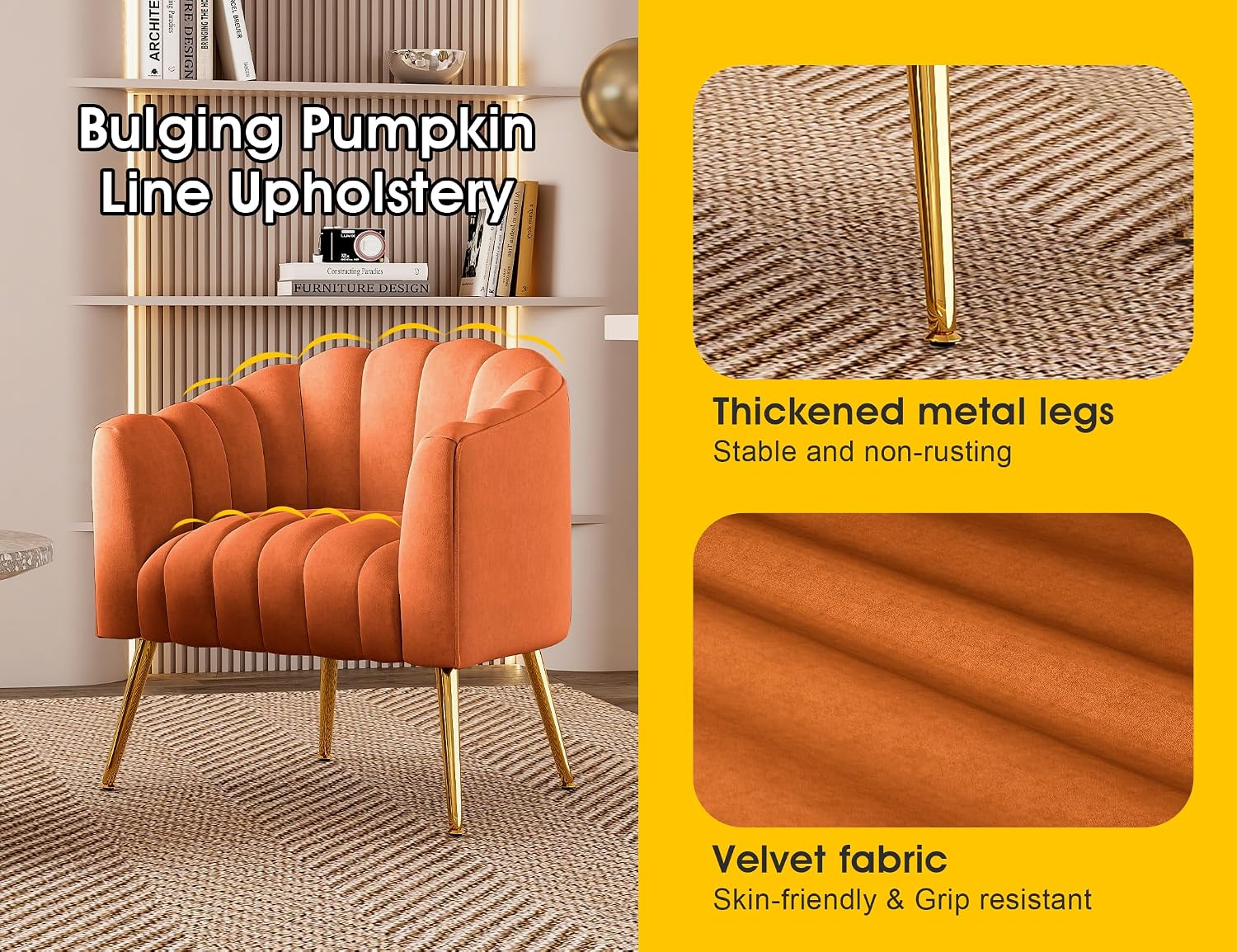 Dewhut Oversized Pumpkin Couch Accent Chair, Modern Comfy Velvet Upholstered Barrel Chairs, Luxury Single Sofa Armchair for Living Room, Waiting Room, Office and Vanity, (Orange)
