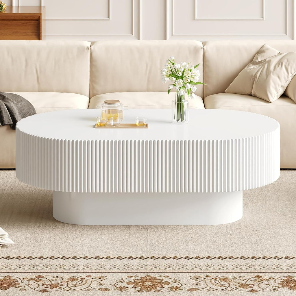 Merax Modern Large Oval Coffee Table with Sturdy Base, Wood Minimalist Fluted Center End Tables for Living Room Reception Room, Easy Assemble,White