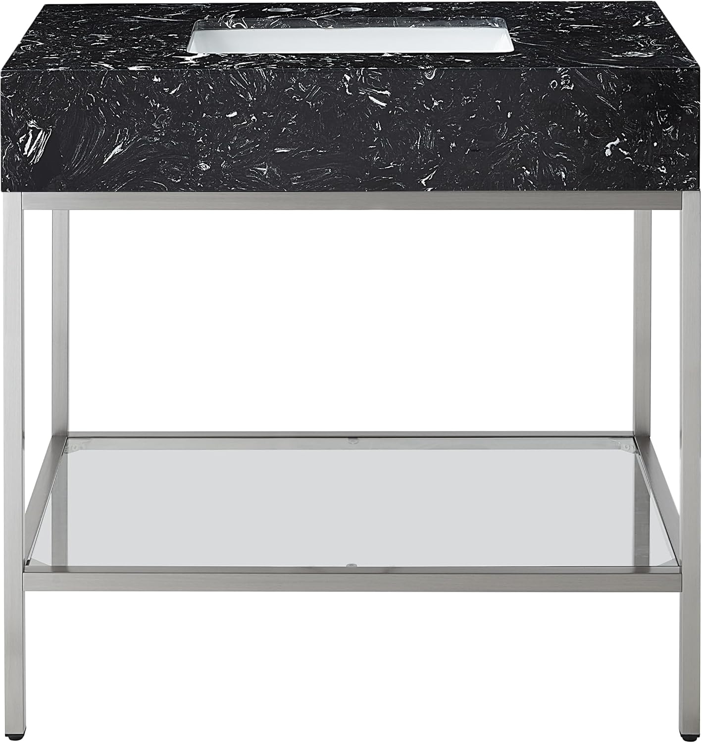 Meridian Furniture 408Black-36 Marmo Collection Modern | Contemporary Bathroom Vanity with Black Engineered Stone with White Veining, Brushed Chrome Stailness Steel Base, 36' W x 23' D x 34' H, Black