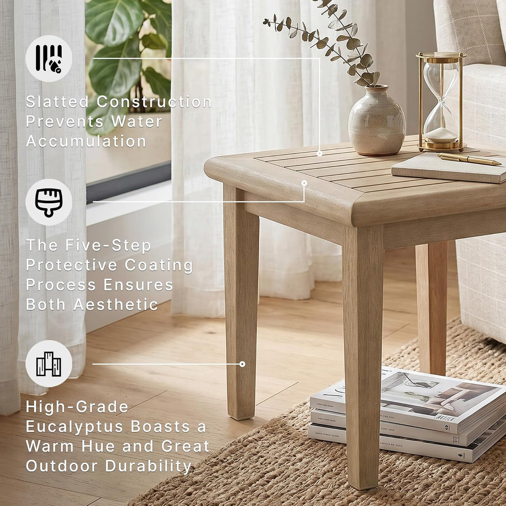 Signature Design by Ashley Gerianne Outdoor Square End Table with Slatting Styling and 5-Step Finishing Process, Eucalyptus Wood Frame, 22' High, Grayish Brown
