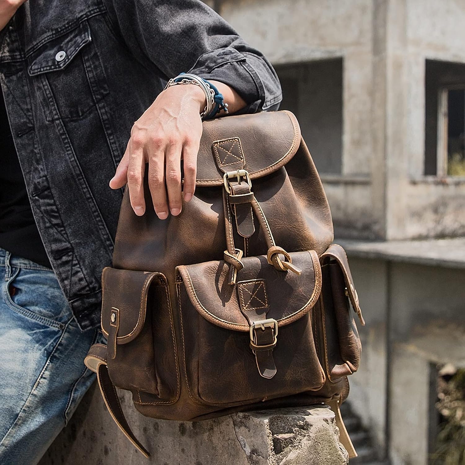 Polare Vintage Full Grain Leather Rucksack Backpack Casual Travel Satchel Bag Daypack For Men Women