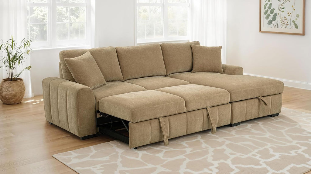 Coaster Home Furnishings - Pastrana - Wood and Fabric - Sleeper Sectional Sofa with Right-arm-Facing Chaise, and Track Arms - Living Room - Camel - 500348