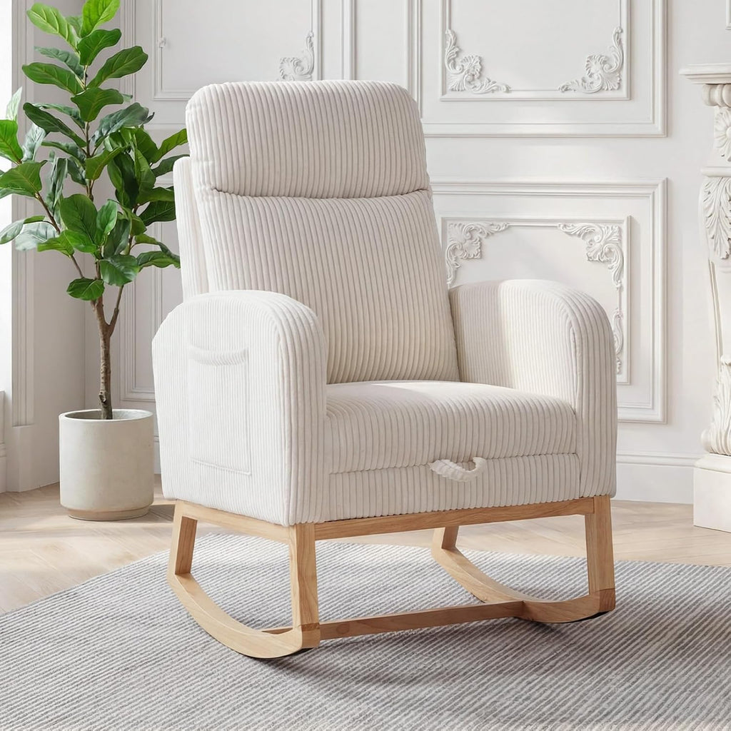 GarveeHome Corduroy Nursery Rocking Chair with Foot Rest,Upholstered Glider with 26' High Backrest, Padded Seat,Modern 300 Lbs Weight Capacity Accent Recliner for Living Room, Bedroom, Reading