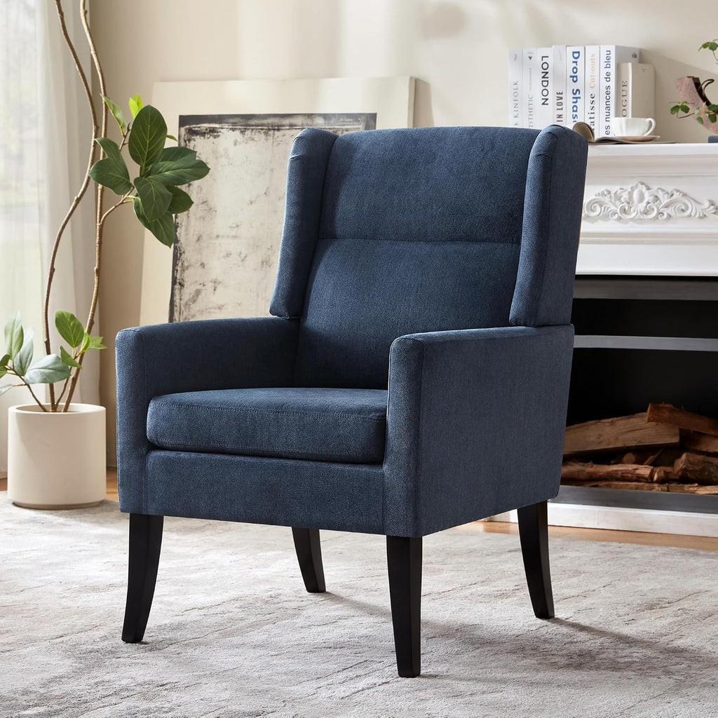 Zihanhome High Back Accent Chair, Fabric Living Room Chairs, Modern Comfy Chair with Wooden Legs,Upholstered Armchair for Living Room,Bedroom,Apartment,Reading Spaces.(1,Blue)