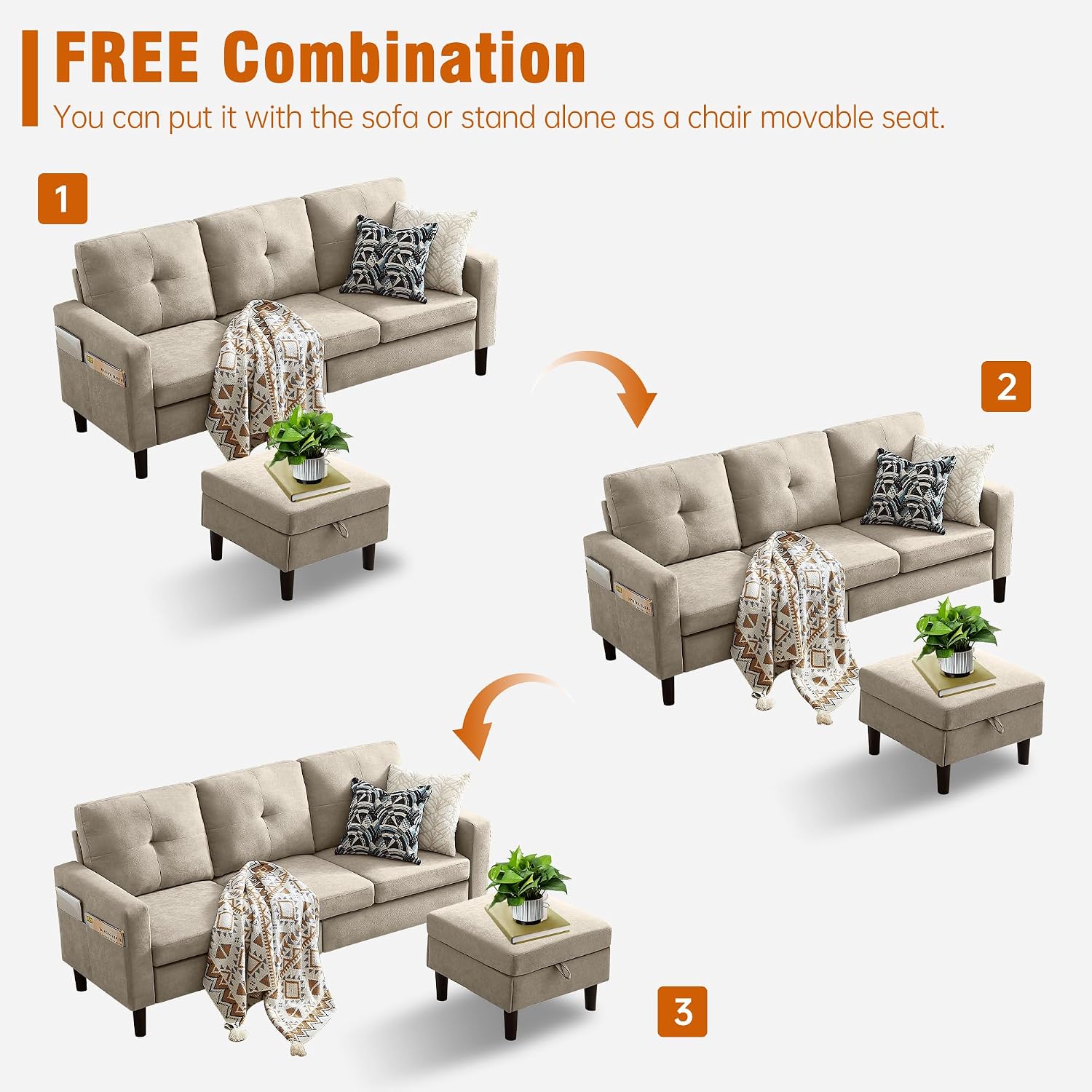 Sectional Sofa Couches for Living Room, L Shaped Couch 3-Seat Convertible Sectional Sofas with Removable Storage Ottoman, Modern Polyester Fabric (Beige)