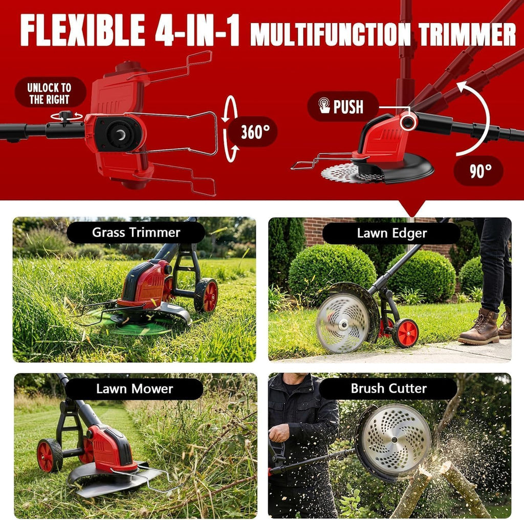 20000 RPM Electric Weed Wacker with Wheel,12″ Brushless Cordless Weed Eater Battery Powered,4-in-1 Brush Cutter/String Trimmer/Grass Edger/Tiller for Garden,Weed Trimmer,2 Battery (Black Red)
