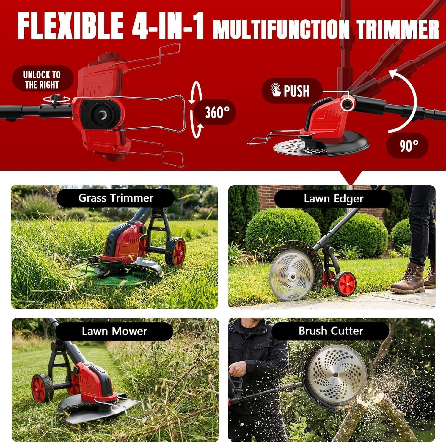 20000 RPM Electric Weed Wacker with Wheel,12″ Brushless Cordless Weed Eater Battery Powered,4-in-1 Brush Cutter/String Trimmer/Grass Edger/Tiller for Garden,Weed Trimmer,2 Battery (Black Red)