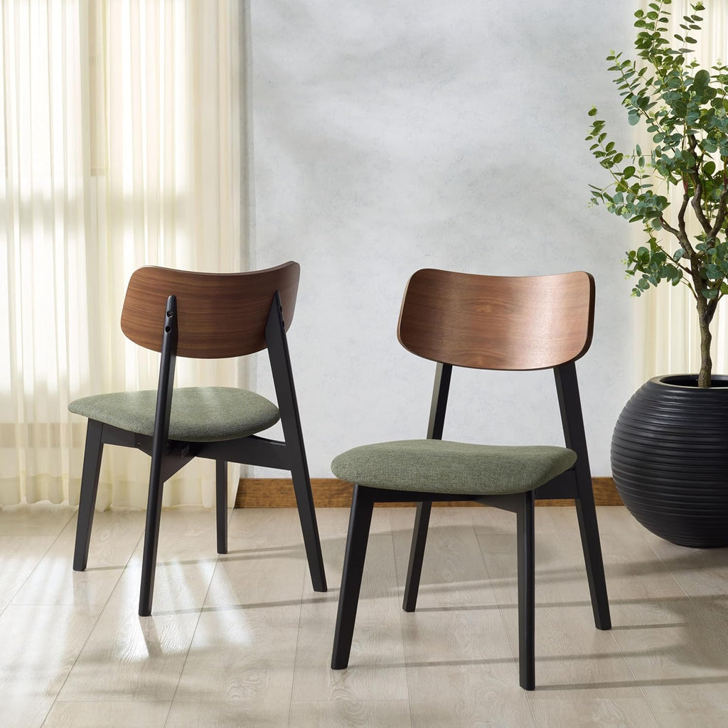 SAFAVIEH Couture Collection - Divya Walnut & Olive Green Dining Chair Set of 2, Mid-Century Modern Wood & Linen Upholstered Accent Chairs (SFV6710B-SET2)