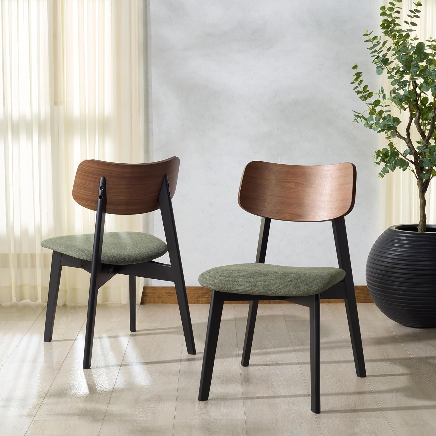 SAFAVIEH Couture Collection - Divya Walnut & Olive Green Dining Chair Set of 2, Mid-Century Modern Wood & Linen Upholstered Accent Chairs (SFV6710B-SET2)