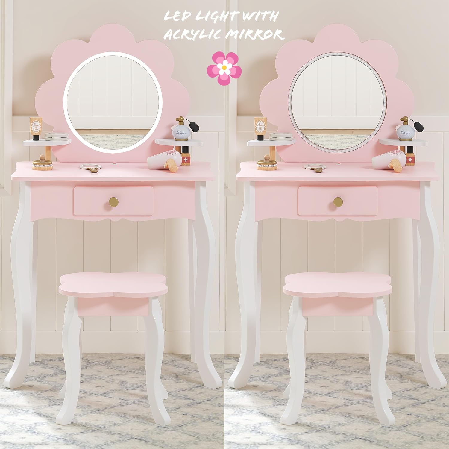 Spirich Kids Vanity, Girls Vanity Set with Mirror and Stool and Lights, Kids Vanity Table and Chair Set, Wooden Princess Makeup Desk Dressing Table (Flower Shape with LED Strip)