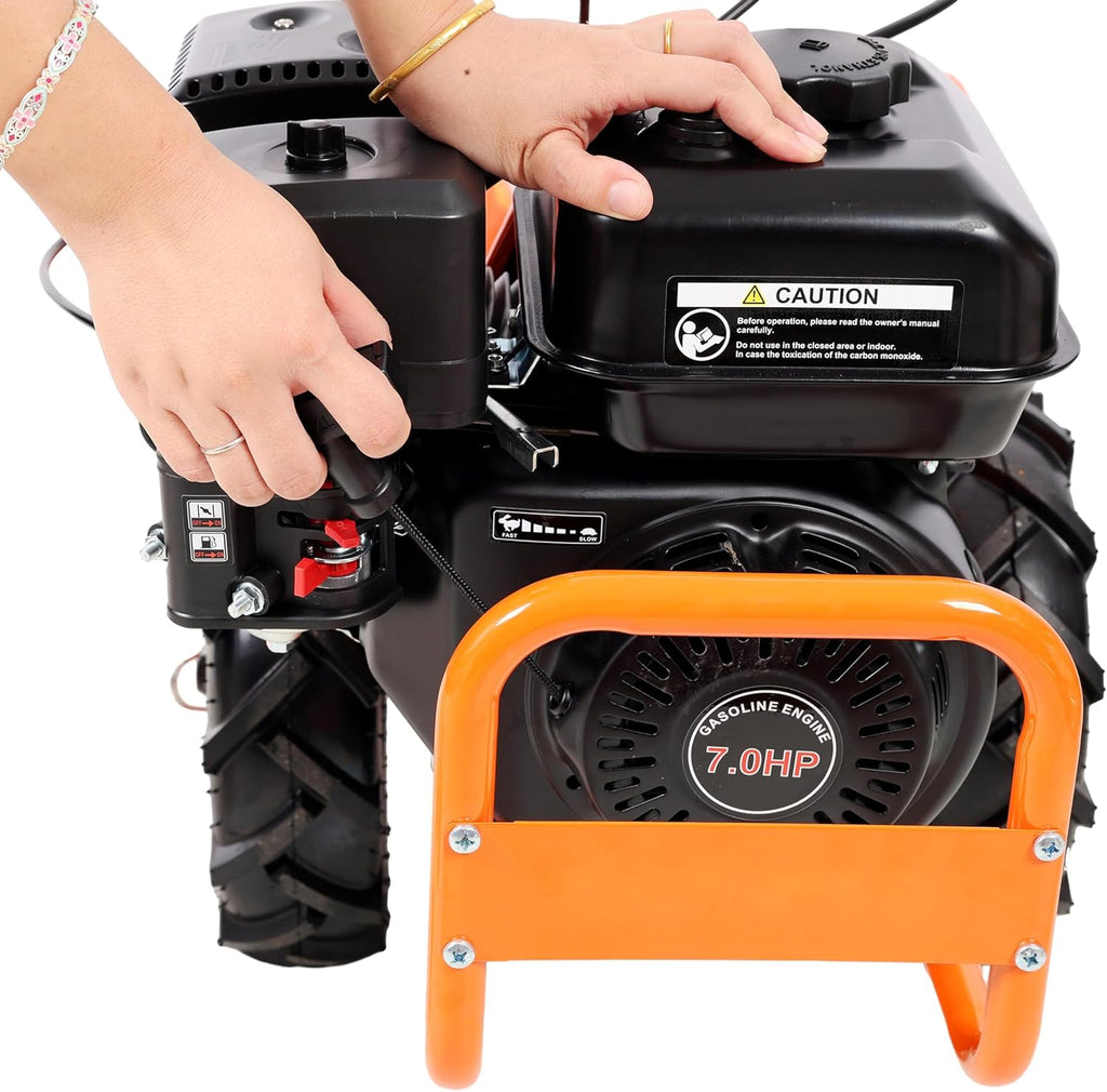 【LuckyNote】 Heavy Duty Power Tiller, Rear Tine Tiller - 7HP Gas Engine 212CC, 20' Wide and 8' Deep Cultivator - Garden Soil Prep for Planters and Vegetable Beds and More.13 Inch Agricultural Tires