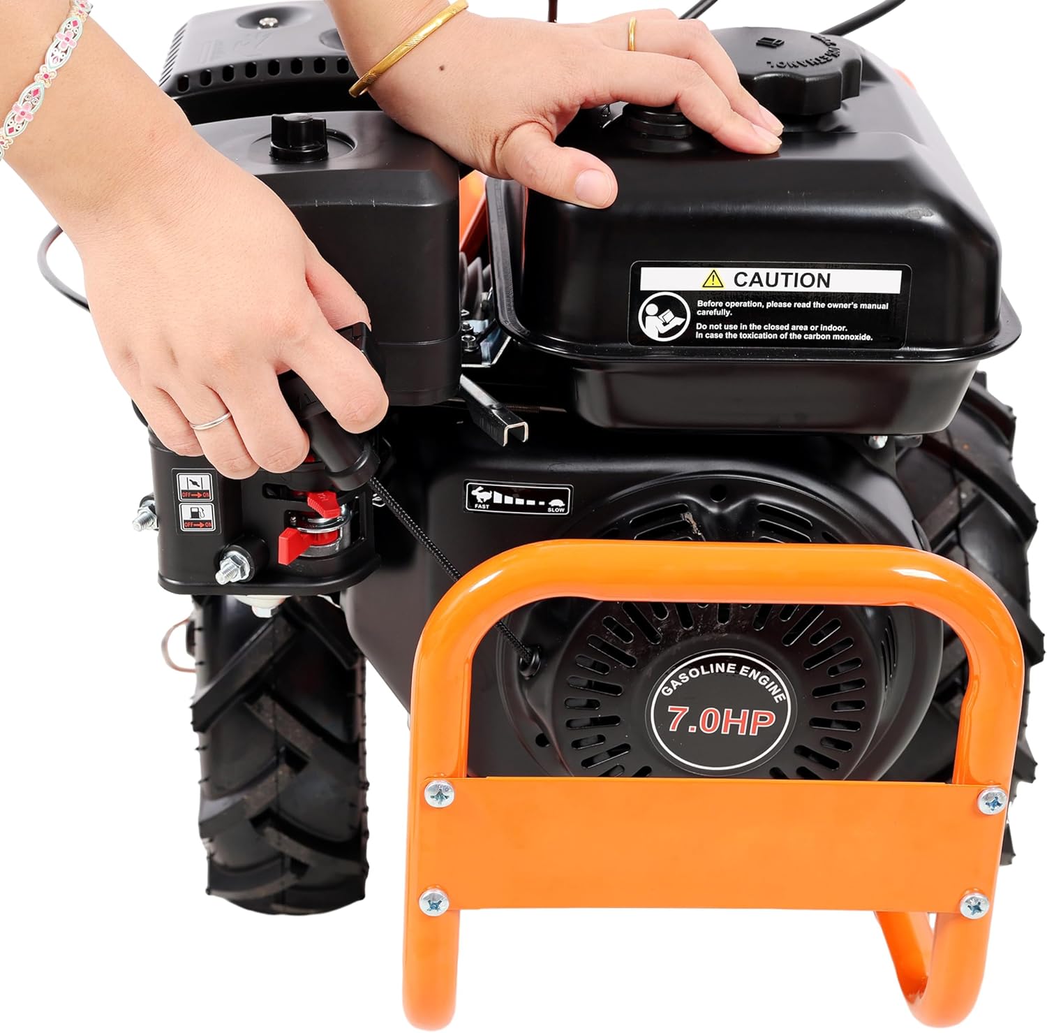 【LuckyNote】 Heavy Duty Power Tiller, Rear Tine Tiller - 7HP Gas Engine 212CC, 20' Wide and 8' Deep Cultivator - Garden Soil Prep for Planters and Vegetable Beds and More.13 Inch Agricultural Tires