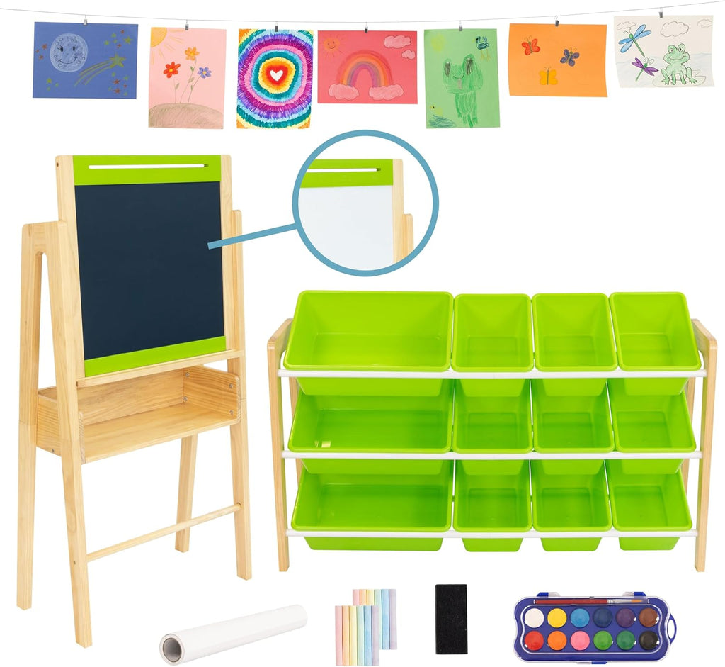 Humble Crew Kids Art Easel with Storage, Double-Sided Easel Set with Chalkboard & Whiteboard, 12-Bin Organizer & Art Supplies, All-in-One Kids Artwork Station for Playroom