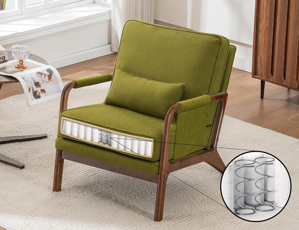 Mid Century Modern Chair Set of 2, Upholstered Lounge Arm Chair with Solid Wood Frame, Comfy Accent Chair for Living Room, Bedroom, Reading, Reception,Green