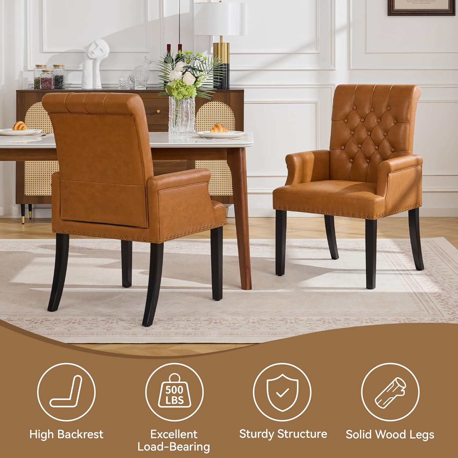 WUTUTUEE PU Leather Dining Chair with Arms, Upholstered Tufted High Back Dining Room Chairs, Accent Armchair with Solid Wood Leg and Nailhead Trim, Kitchen Dining Living Room, Brown