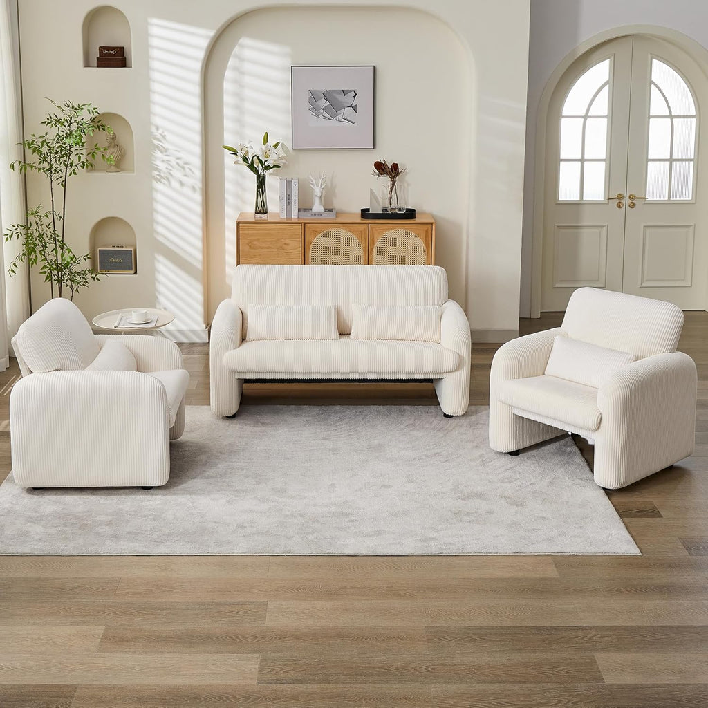 WUTUTUEE Corduroy Accent Living Room Sets, Modern Upholstered Love Seat with 2 Accent Chairs, Wide Comfy Leisure Chair Sets for Bedroom, Office, White