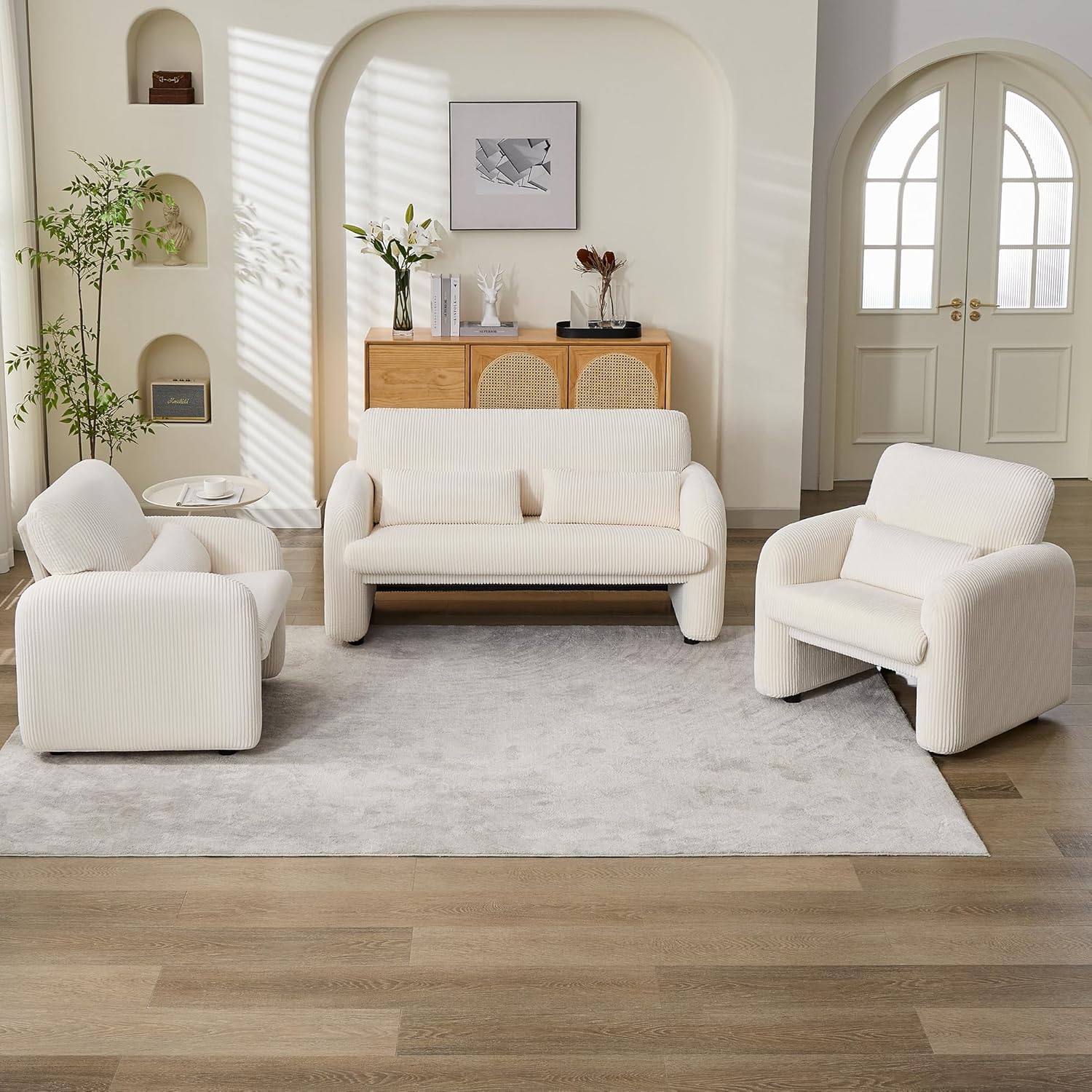 WUTUTUEE Corduroy Accent Living Room Sets, Modern Upholstered Love Seat with 2 Accent Chairs, Wide Comfy Leisure Chair Sets for Bedroom, Office, White