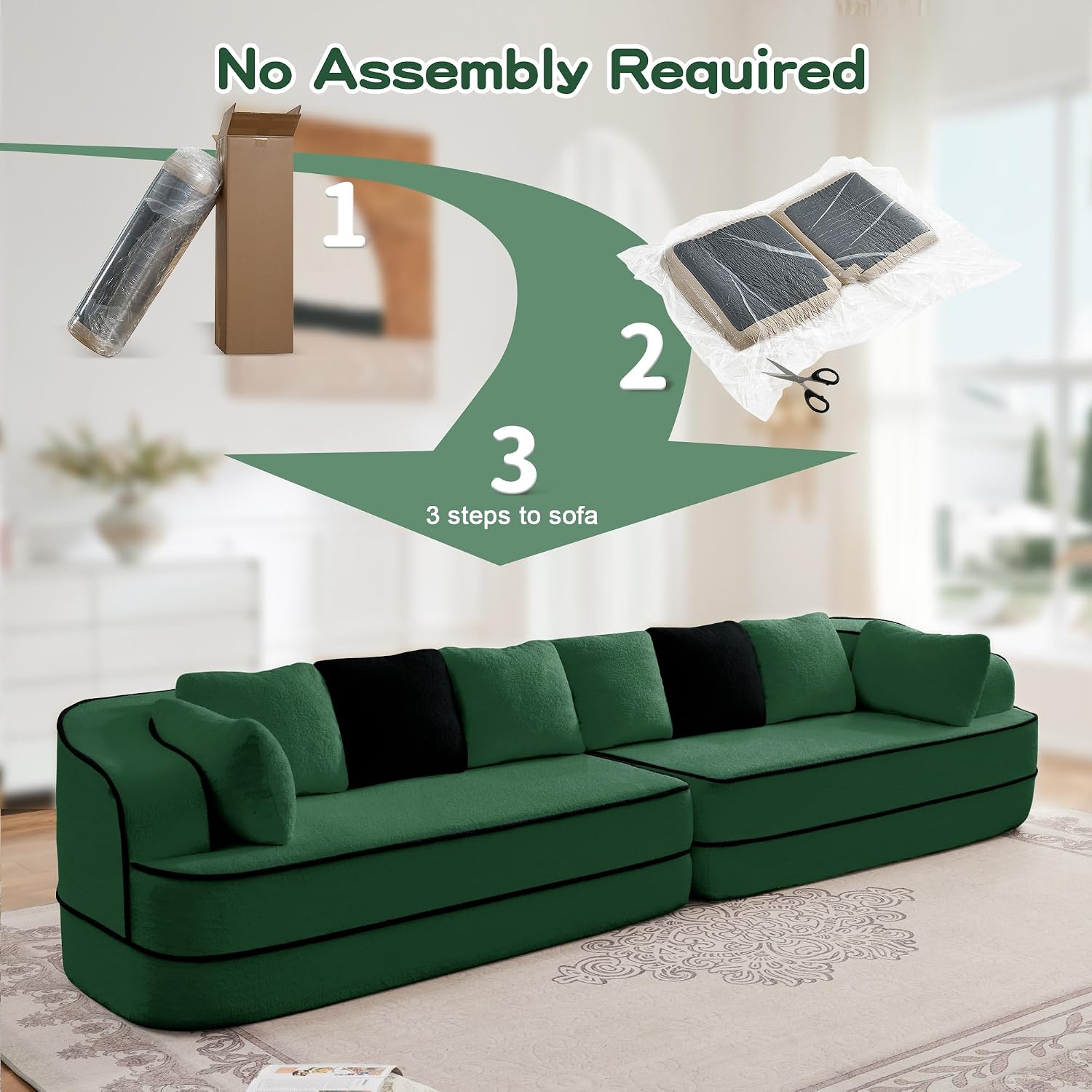 KEIKI Modular Boneless Sectional Teddy Couch with Full Chaise for Living Room, Oversized 135' Full Size Modern Luxury Sofa, for Weekend Lounging and Intimate Movie Nights, Deep Relaxation, Green