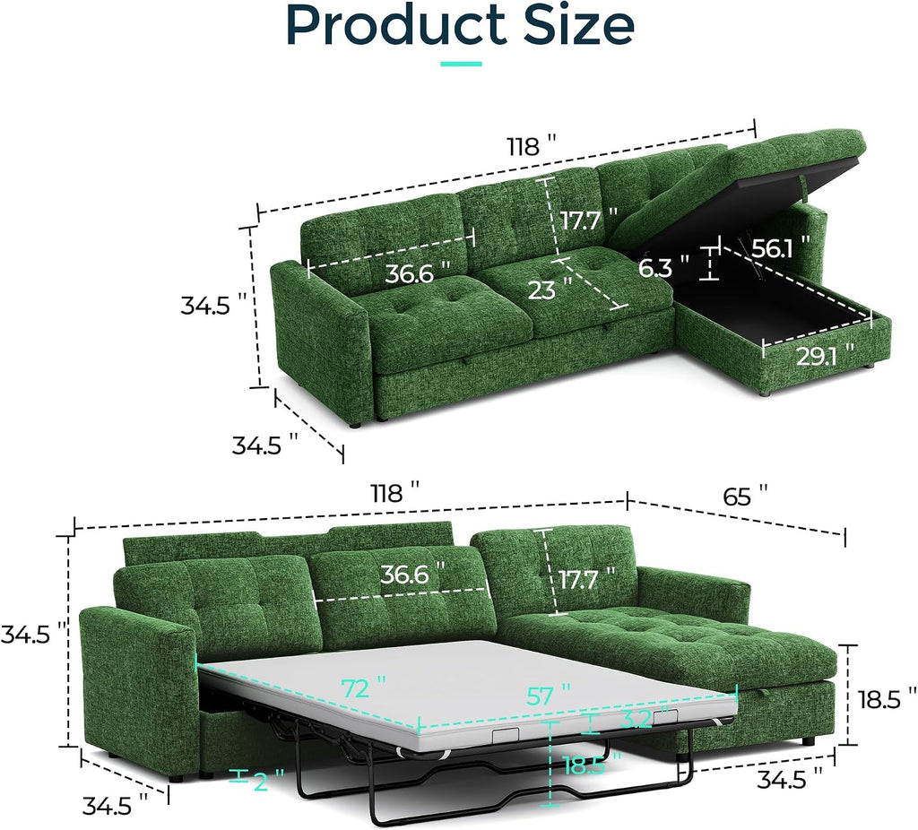 LINSY HOME Oversized Sleeper Sofa with Pullout Bed, Sectional Couch with Storage Chaise, Green Corduroy L-Shaped Convertible Couch, 118x34.5x34.5 Inches