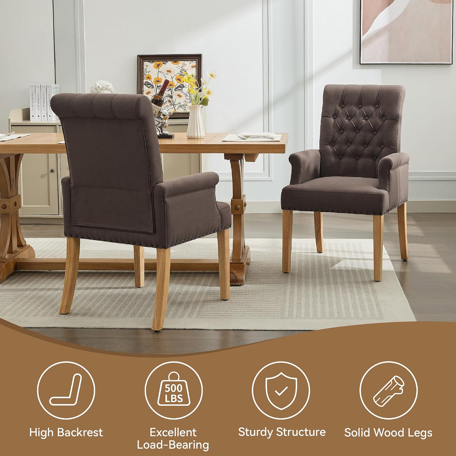 WUTUTUEE Fabric Dining Chair with Arms, Upholstered Tufted High Back Dining Room Chairs, Accent Armchair with Solid Wood Leg and Nailhead Trim, Kitchen Dining Living Room, Brown