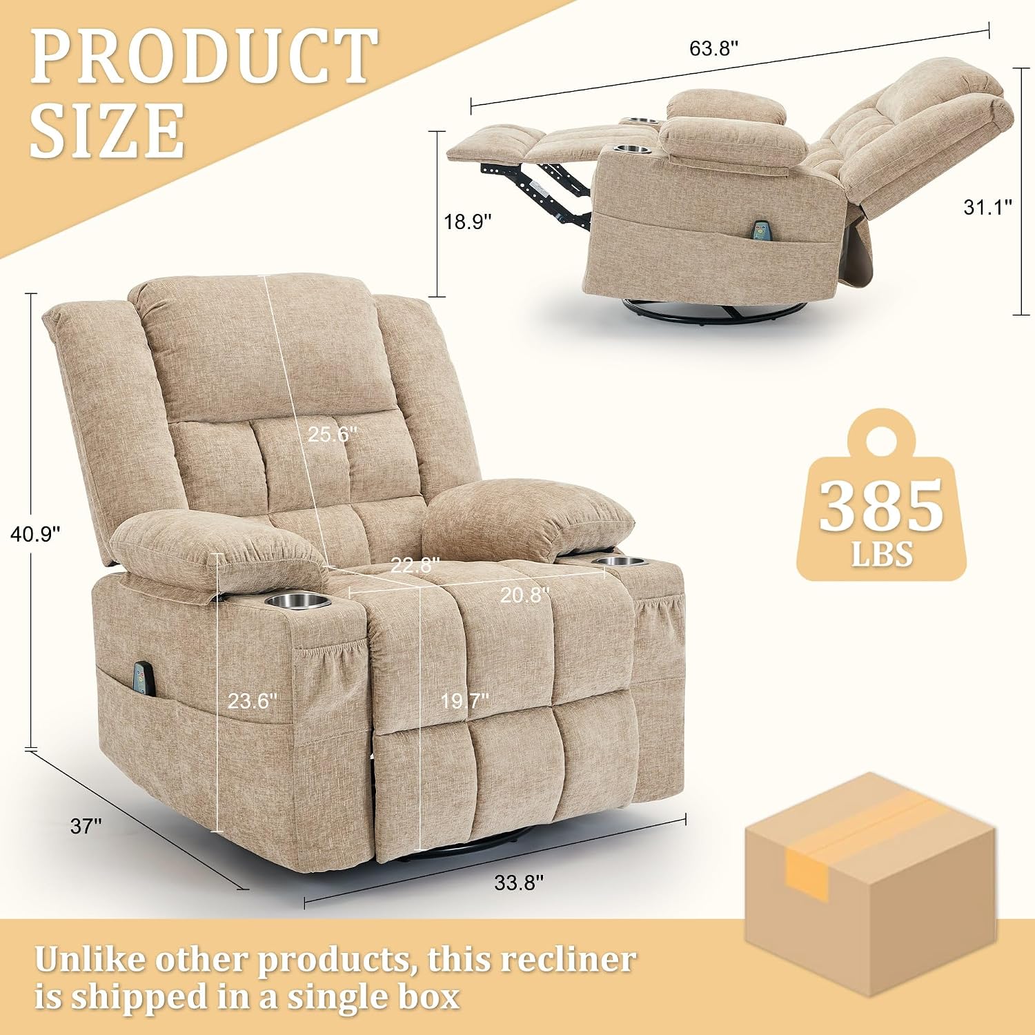 Korser 360° Swivel Rocker Recliner for Adult, Nursery Glider Recliners with Massage & Heating, Rocking Chair with Cup Holder, Manual Recliner Chair for Living Room, Bedroom (Khaki)