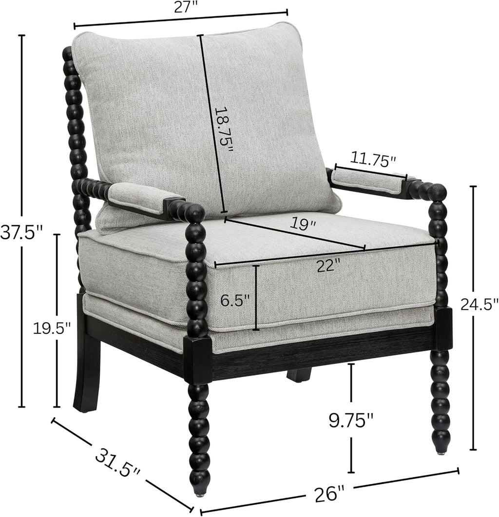 Roundhill Furniture Belvoir Upholstered Spool Accent Chair with Turned Wood Frame, Gray with Black Finish