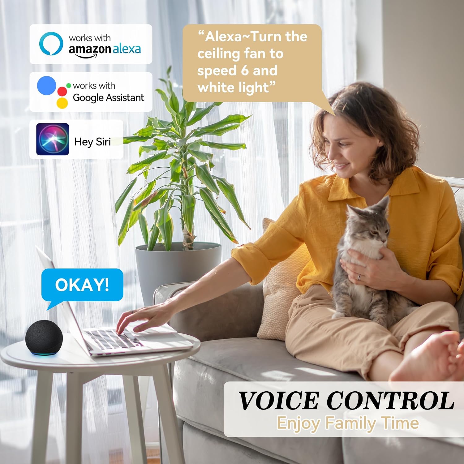 SMAAIR White Ceiling Fan with Light, 56 Inch 3 Blade Low Profile Ceiling Fan with Light and 10 Speed DC Motor, Works with APP/Alexa/Google Assistant/Siri Shortcuts