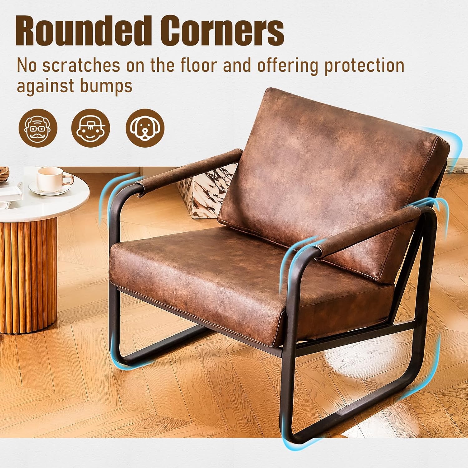 PrimeZone Mid-Century Modern Accent Chair - Comfy Faux Leather Living Room Chair, Lounge Armchair with Extra Soft Padded & Cushion, Ergonomic Accent Chair for Bedroom Office Waiting Room, Brown