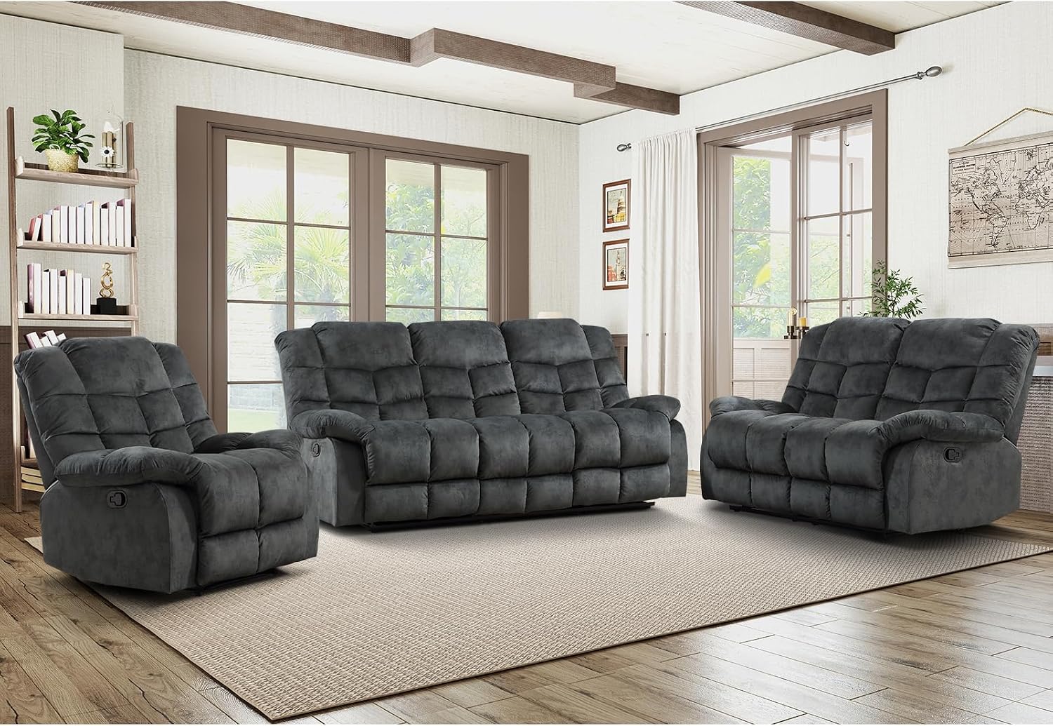 EBELLO Reclining Living Room Set, One Seat Manual Recliner, Loveseat Recliner Sofa and 3PC Bonded Manual Sofa Couch, Grey Green
