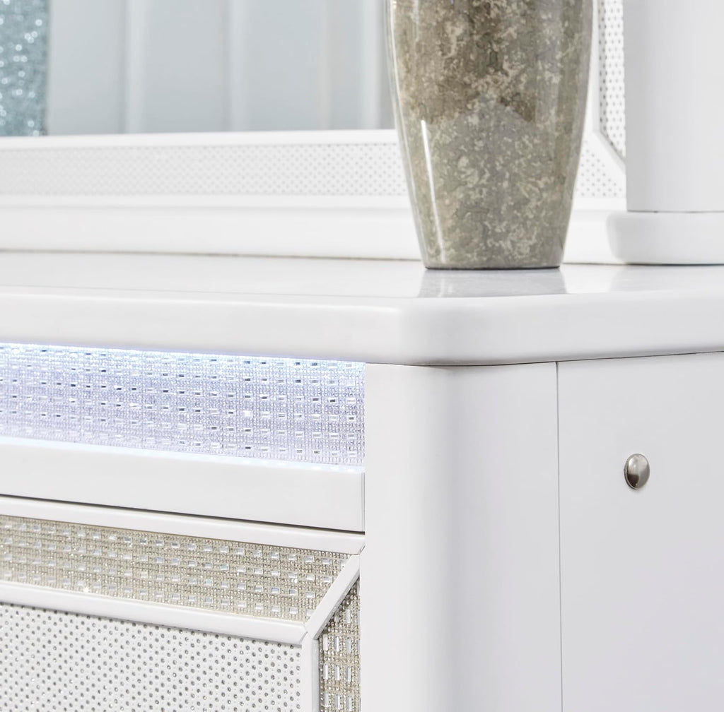 Signature Design by Ashley Chalanna Contemporary Dresser with 6 Drawers, Built-in LED Lighting, Rhinestone Details, Wood, White, 64' W x 20' D x 38.75' H
