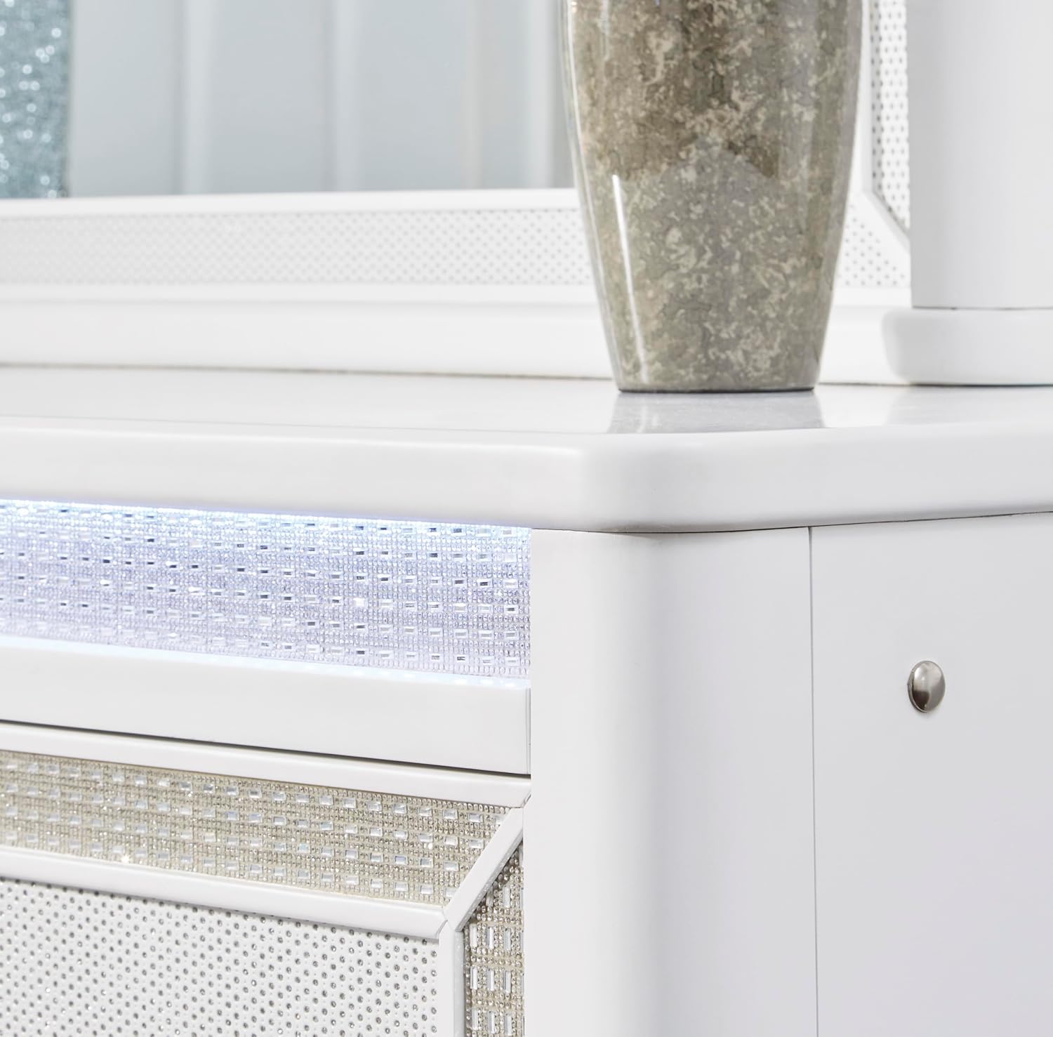 Signature Design by Ashley Chalanna Contemporary Dresser with 6 Drawers, Built-in LED Lighting, Rhinestone Details, Wood, White, 64' W x 20' D x 38.75' H