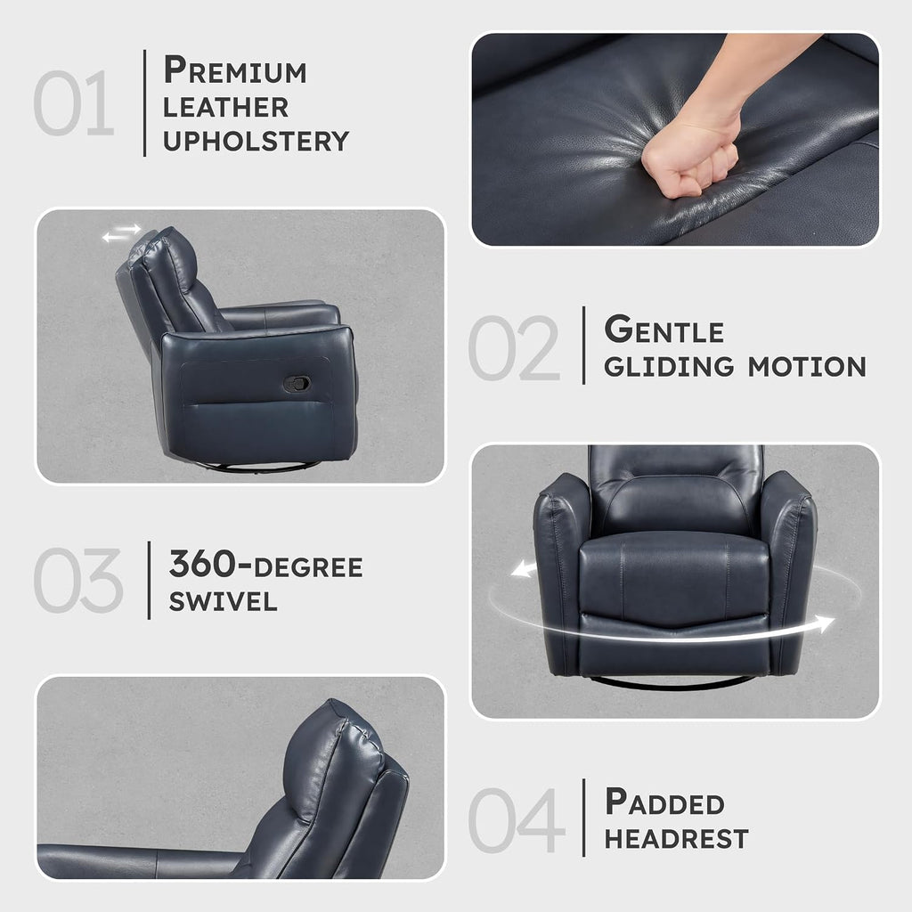 Lexicon Swivel Glider Reclining Chair, Top Grain Leather Match Manual Recliner, Comfy Nursery Glider Recliner, Swivel Reclining Chair for Living Room/Office/Bedroom/Apartment, Dark Blue