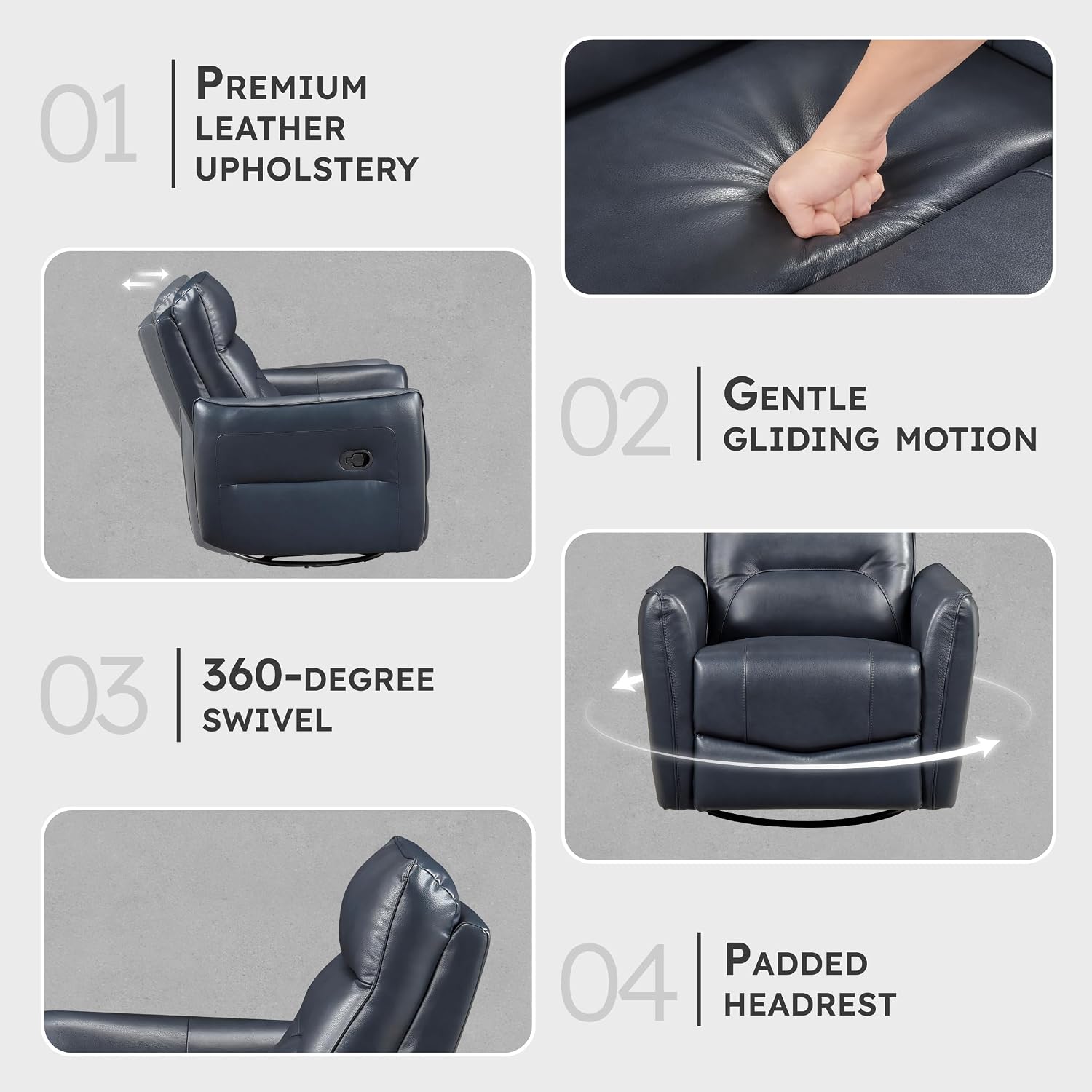 Lexicon Swivel Glider Reclining Chair, Top Grain Leather Match Manual Recliner, Comfy Nursery Glider Recliner, Swivel Reclining Chair for Living Room/Office/Bedroom/Apartment, Dark Blue