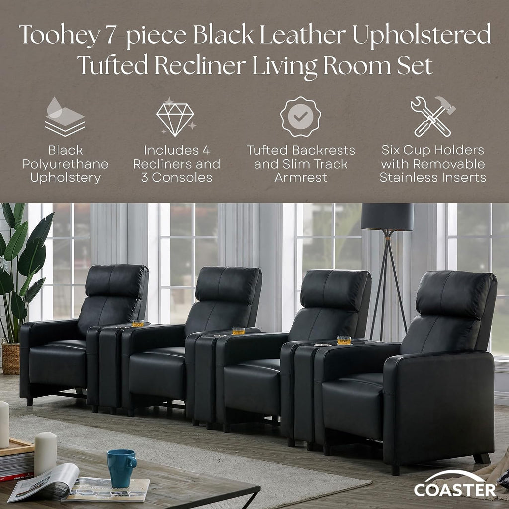 Coaster Home Furnishings - Toohey - Faux Leather - 7-piece Theater Seating with Consoles and Recliners with Tufted Backrests and Slim Track Armrests - Living Room, Home Theater - Black - 600181-S4A
