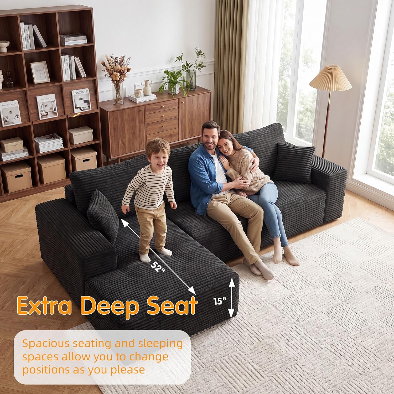 104' Cloud Sectional Couch with L-Shaped Chaise,Modern Modular Sectional Sofa,Corduroy Boneless Couches for Living Room Bedroom,No Assembly Required, 3-Seater (Left Facing Chaise) Black