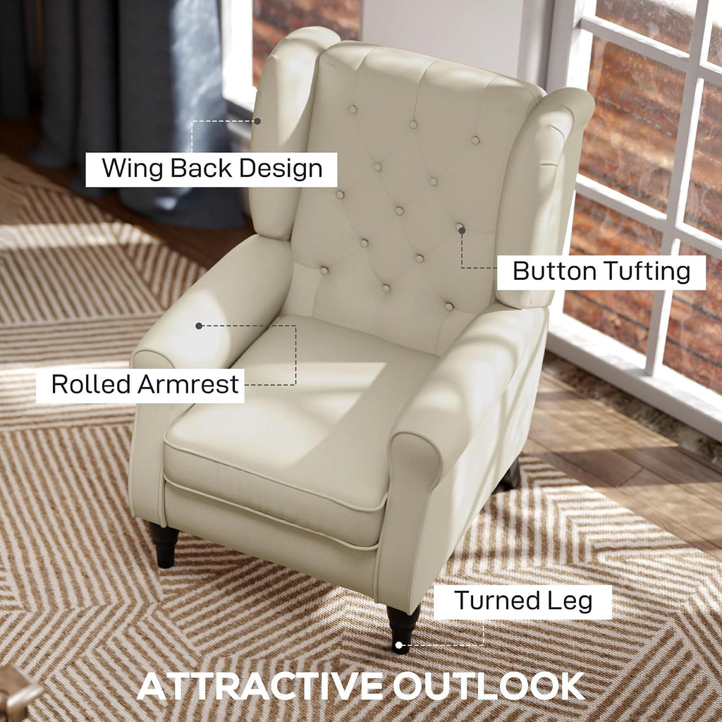 HOMCOM Mid-Century Modern Accent Chair, High Wingback Reading Chair, Button-Tufted Upholstered Fabric Armchair with Retro Wood Legs for Apartment, Living Room, Bedroom, Cream White