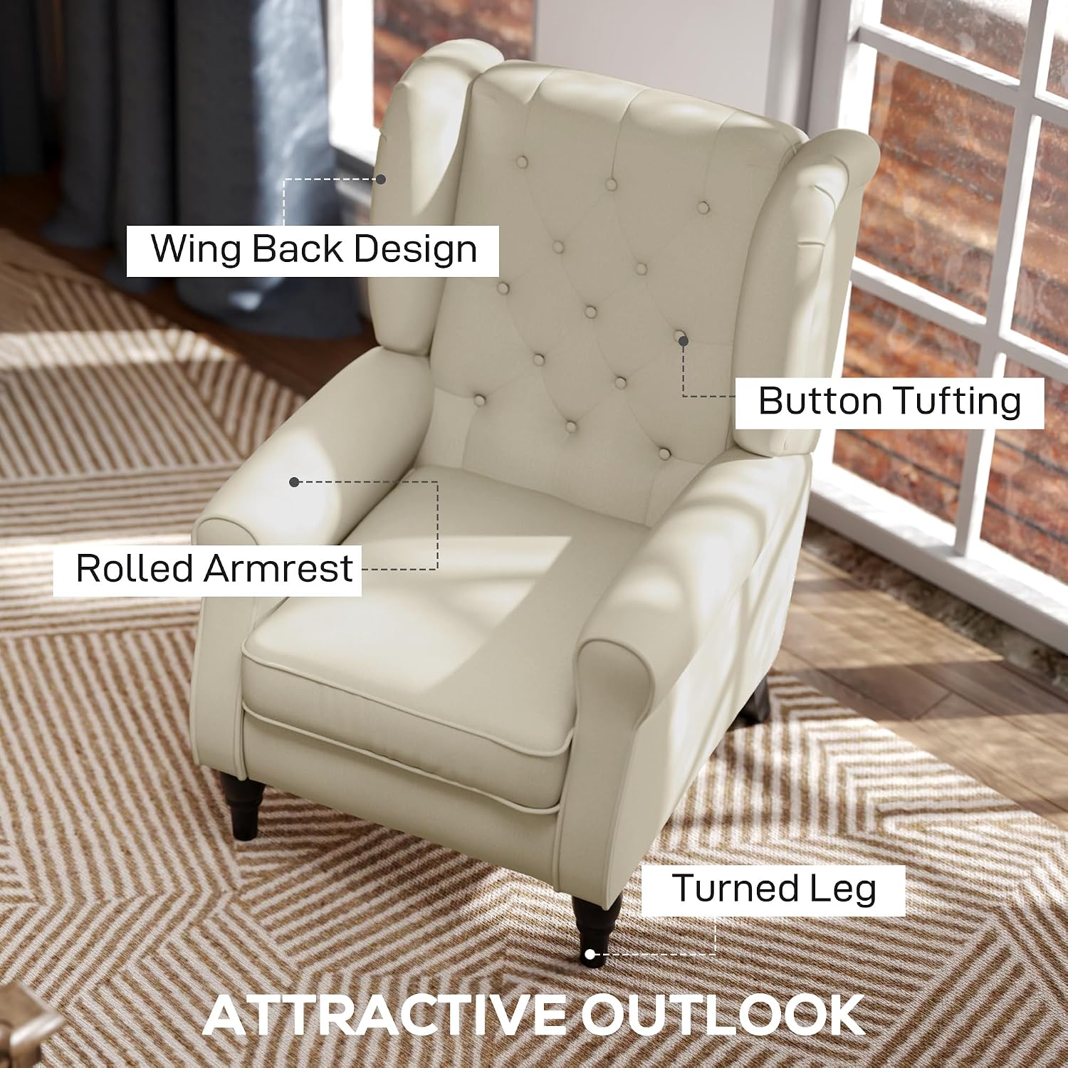 HOMCOM Mid-Century Modern Accent Chair, High Wingback Reading Chair, Button-Tufted Upholstered Fabric Armchair with Retro Wood Legs for Apartment, Living Room, Bedroom, Cream White