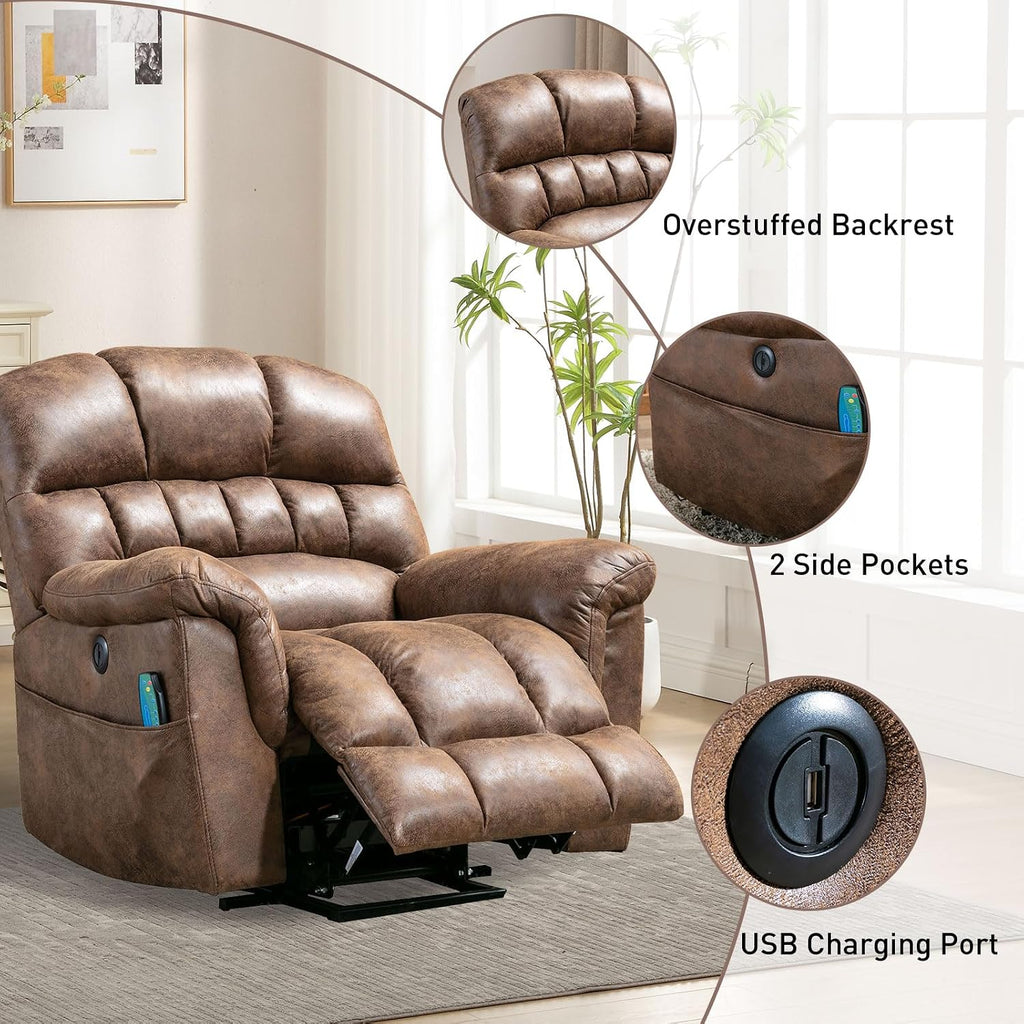 Bonzy Home Power Lift Chairs Recliner with Massage and Heating, Electric Recliner Chair with 24' Wide Seat for Big People, Full Padded Backrest, Waterproof Faux Leather, USB Charging Ports, Brown