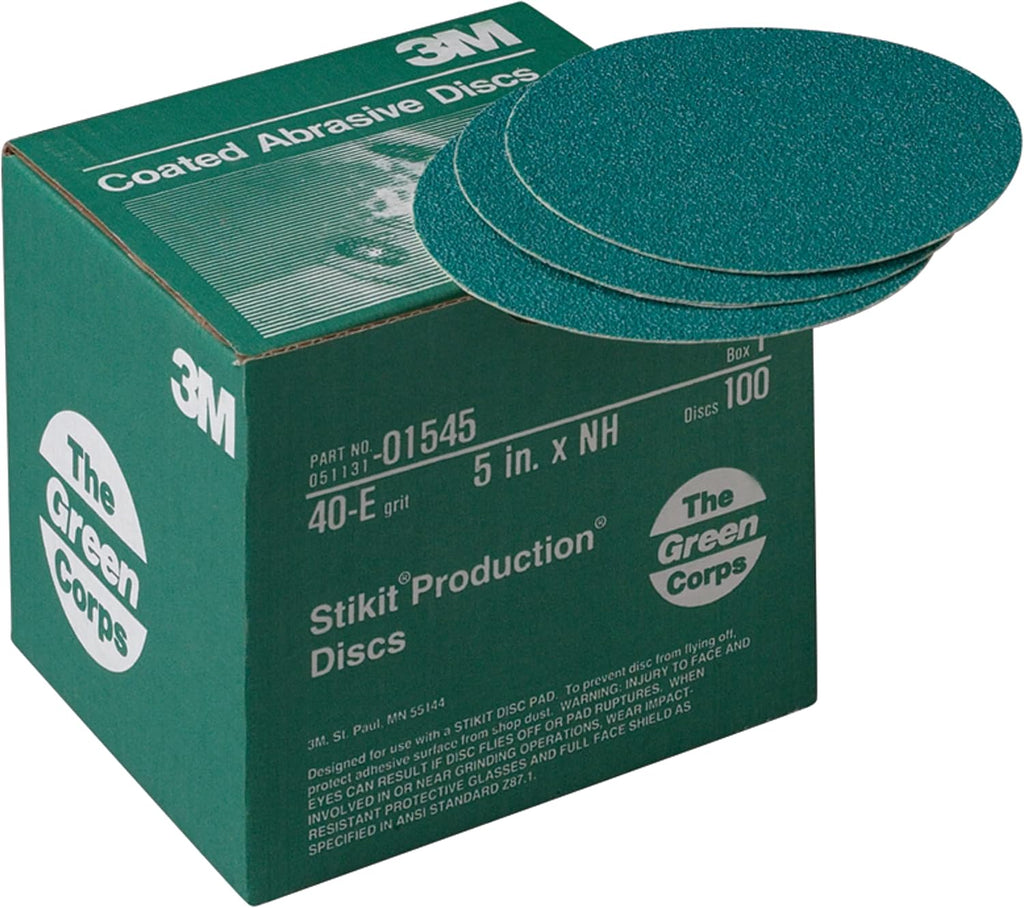 3M Green Corps Hookit Sanding Discs, 01545, No Hole, 5 in, 40+ Grade, Pack of 100 Production Discs, for Coating Removal, Metal Surfaces, Auto Sanding