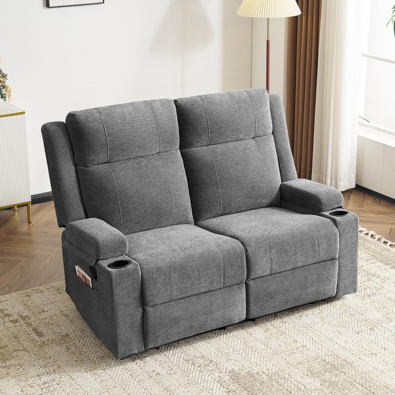 Loveseat Recliner, Double Recliner Loveseat with Adjustable Footrest & Cup Holder, Wall Hugger Recliner for Living Room & Home Theater & RV(Gray)
